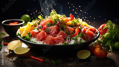 Bowl of Vegetables and Fruit with some Tuna, Insane Shot, Studio Lighting. Generative AI.