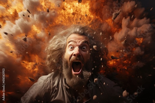 a man with his mouth open and exploding rocks in the air