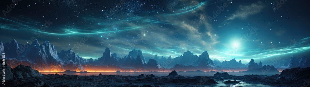 a landscape of mountains and water with stars and clouds