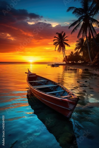 Insane Seascape. A Wooden Ship. Shot from an Island, Sunset and Palms, Exotic and Tropical Vibes.