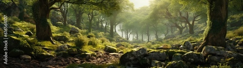 a forest with rocks and trees photo