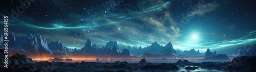 a landscape of mountains and water with stars and clouds