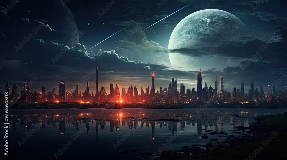 a city with a large moon in the background