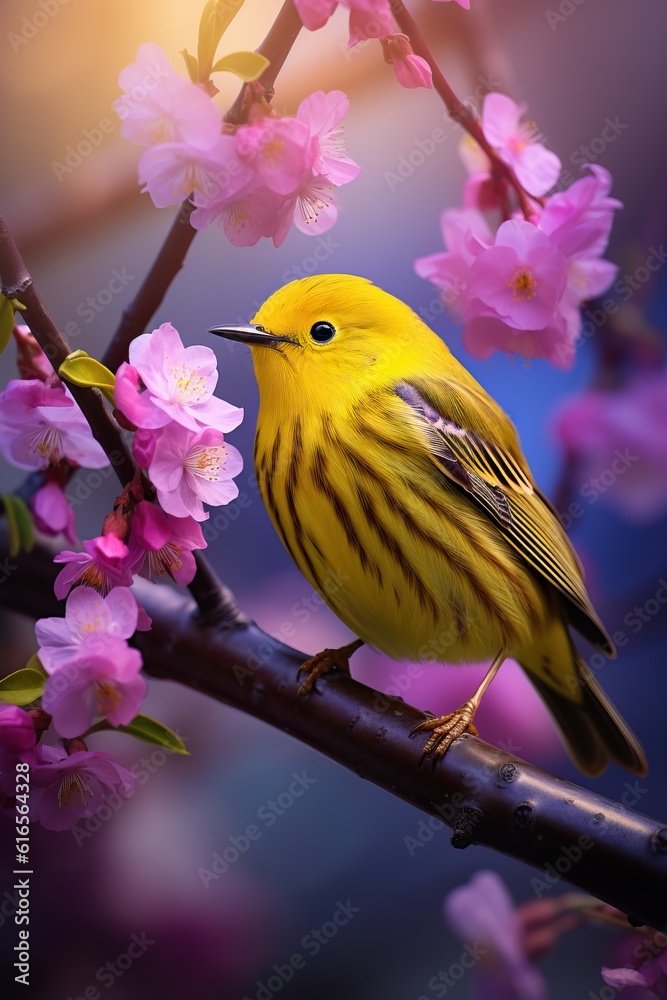 Fototapeta premium Yellow Bird Placed on a Wooden Stick, Professional Shot, Pink Flowers around Him, Nature Shot. Generative AI