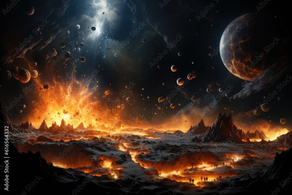 a group of people standing in a rocky area with a large fire and planets