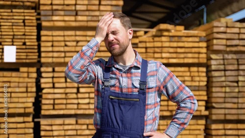 Tired young male worker in timber lumber warehouse photo