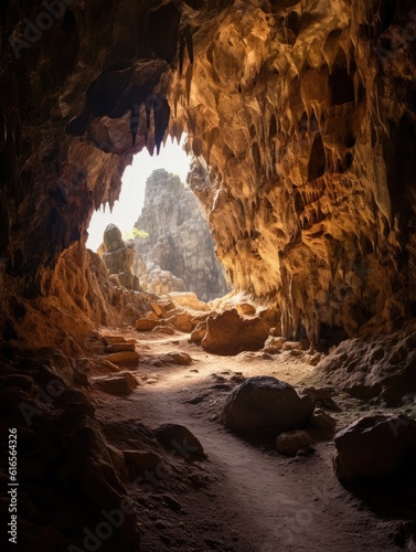 a cave with a light shining through © sam