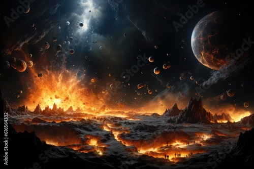 a group of people standing in a rocky area with a large fire and planets