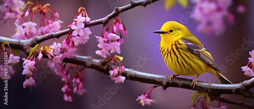 Yellow Bird Placed on a Wooden Stick, Professional Shot, Pink Flowers around Him, Nature Shot. Generative AI photo