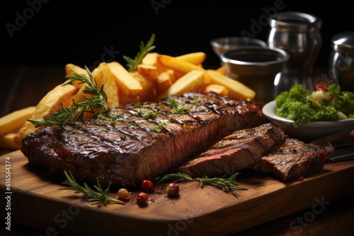 Fotografiet a steak and french fries on a wooden board