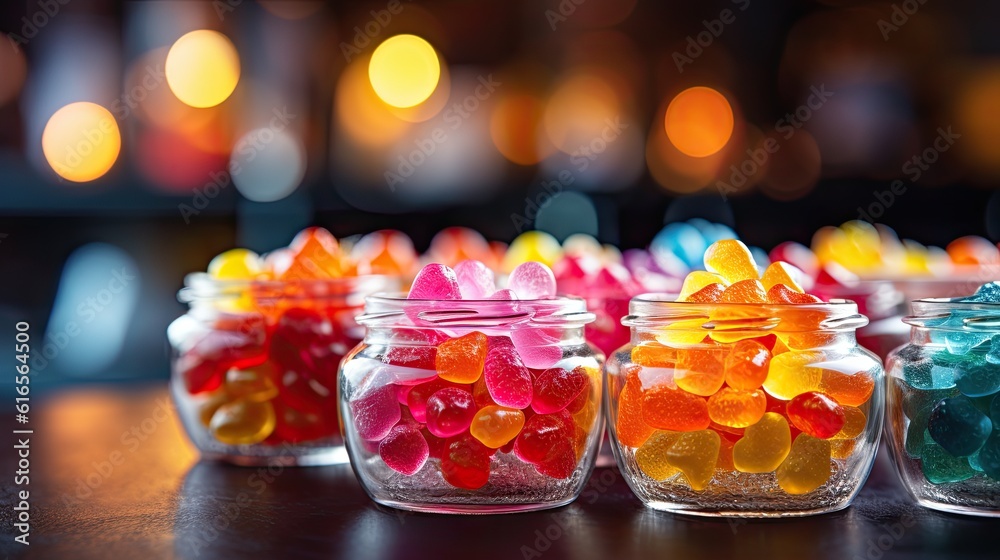 a group of glass jars filled with colorful candy a group of glass jars filled with colorful candy