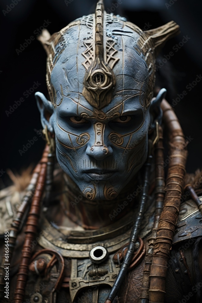a person with blue and brown face paint