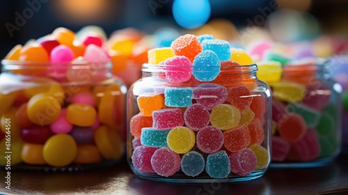 a group of glass jars filled with colorful candy