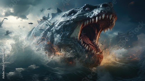 a large sea creature with sharp teeth and flames coming out of water