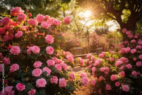 a group of pink roses in a garden