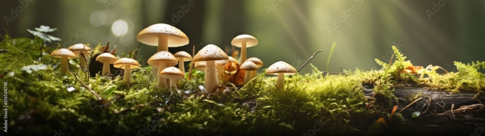 a group of mushrooms growing in moss