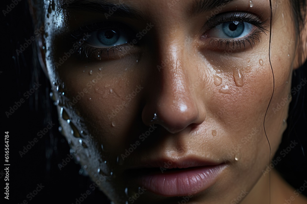 a close up of a woman's face with water droplets on her face a close up of a woman's face with water droplets on her face