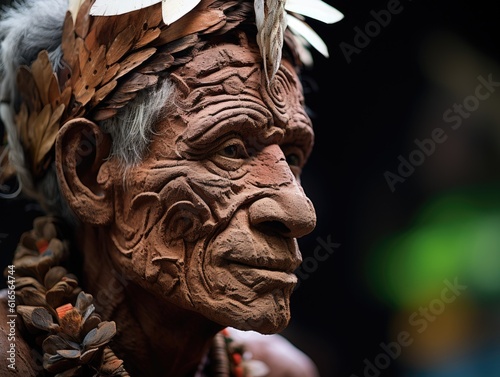 a man with clay face and feathers on his head