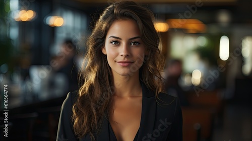 a woman with long brown hair wearing a black jacket