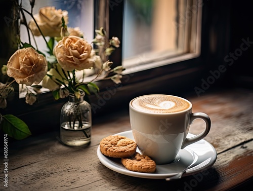 a cup of coffee and cookies on a table