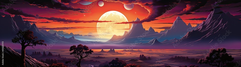 a landscape with mountains and trees and a red sky a landscape with mountains and trees and a red sky