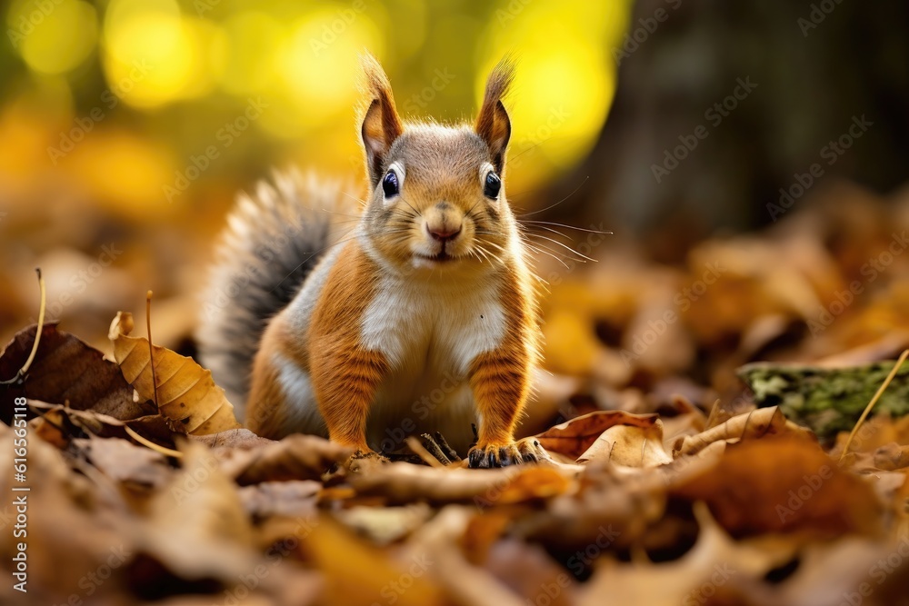 a squirrel standing on leaves a squirrel standing on leaves