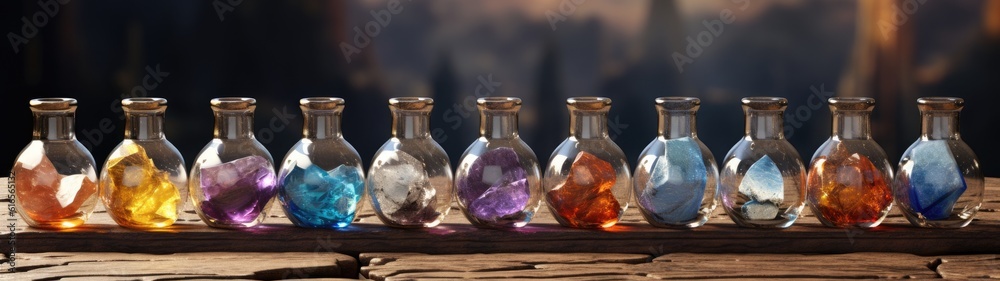 a group of glass vases with different colored stones inside a group of glass vases with different colored stones inside