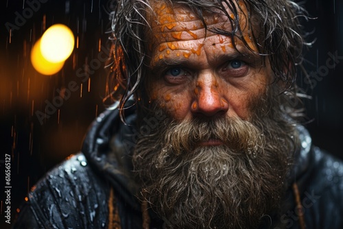 a man with a beard and mustache in the rain