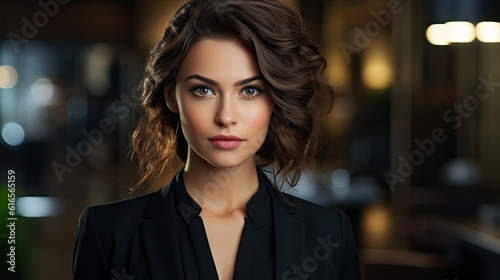 a woman with brown hair wearing a black suit