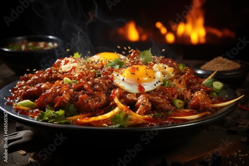 a plate of food with a fire in the background