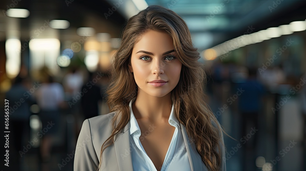 Obraz premium a woman with long brown hair wearing a grey suit