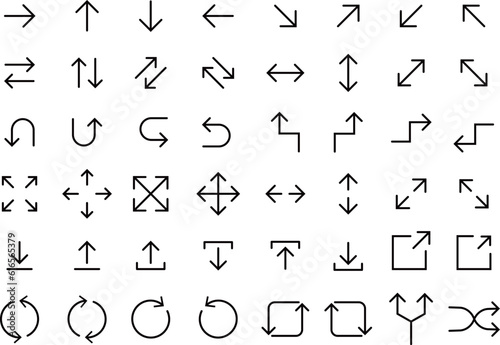 黒の線のシンプルな矢印のアイコンのバリエーションセット