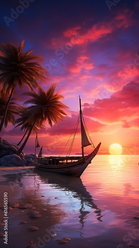 Insane Seascape. A Wooden Ship. Shot from an Island, Sunset and Palms, Exotic and Tropical Vibes.