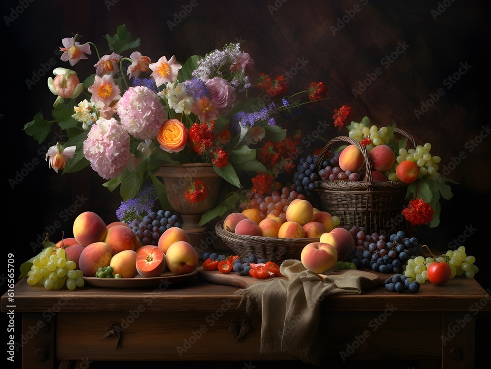 A Table Overflowing with Illustrated Fruits and Flowers (AI pic)