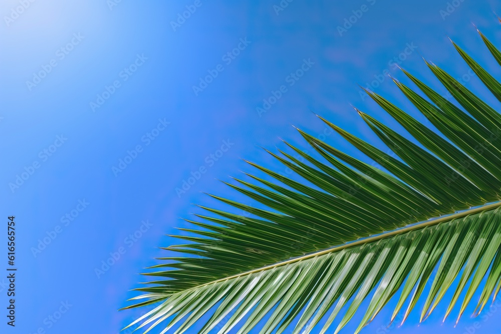 Close up of a Leaf of a Palm, as a Background a Slightly Blurred Sky during the Midday. Generative AI.