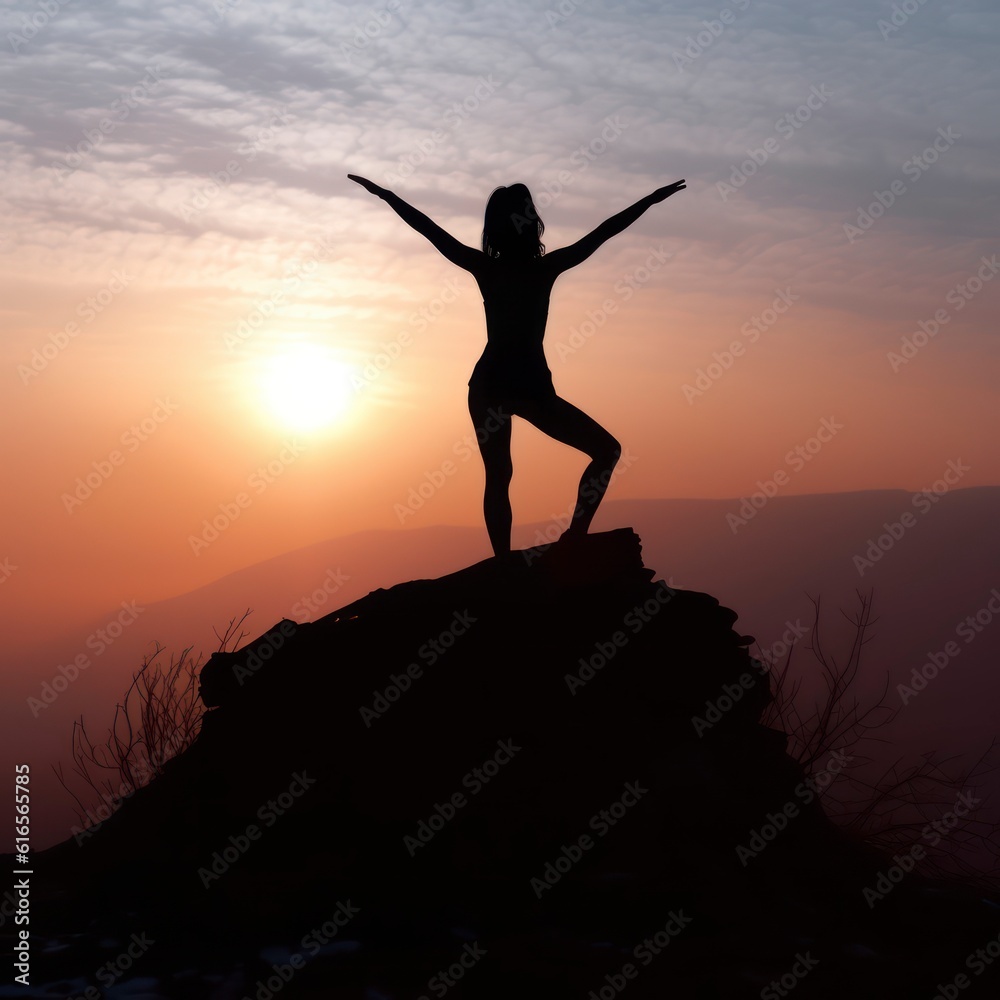 Silhouette of woman yoga on the mountain.