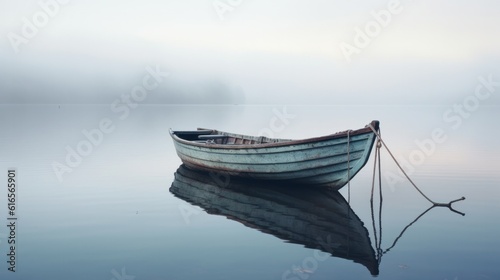 a lake on a morning with heavy fog an old wooden dinghy in the water.