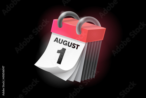 August 1 3d calendar icon with date isolated on black background. Can be used in isolation on any design.