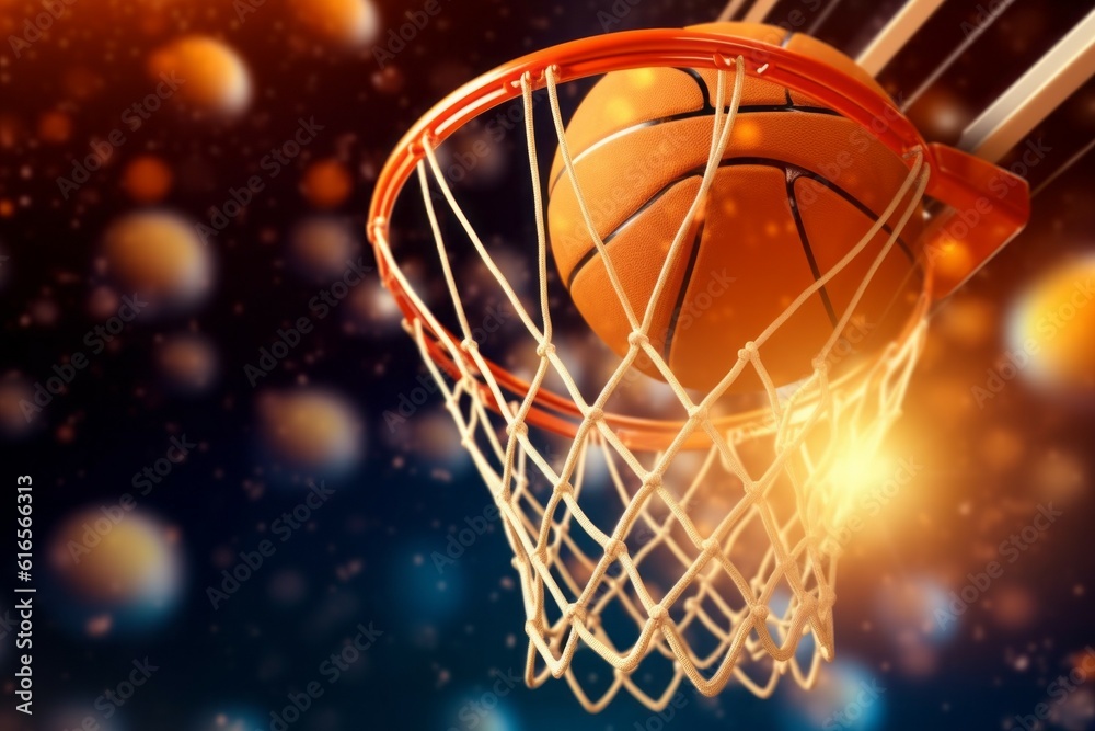 The basketball ball flies into the ring. Background with selective focus and copy space. AI generated, human enhanced The basketball ball flies into the ring. Background with selective focus and copy space. AI generated, human enhanced