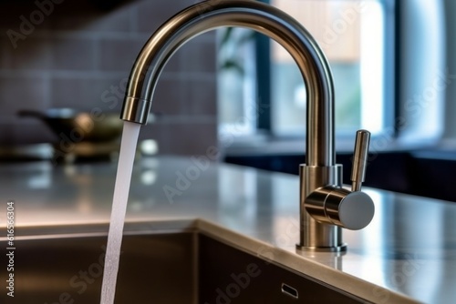 Close-up of a kitchen faucet with running water. Modern kitchen interior design concept. AI generated, human enhanced