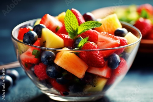 Appetizing delicious fruit salad with berries. The concept of proper nutrition and vitamins in the crop. AI generated