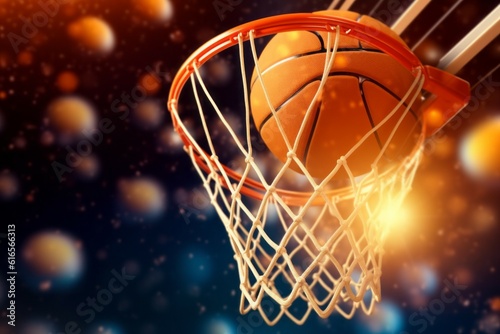 The basketball ball flies into the ring. Background with selective focus and copy space. AI generated, human enhanced © top images