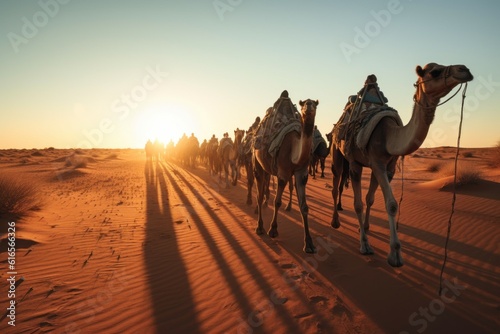 Camel caravan in the desert. Background with selective focus and copy space. AI generated  human enhanced