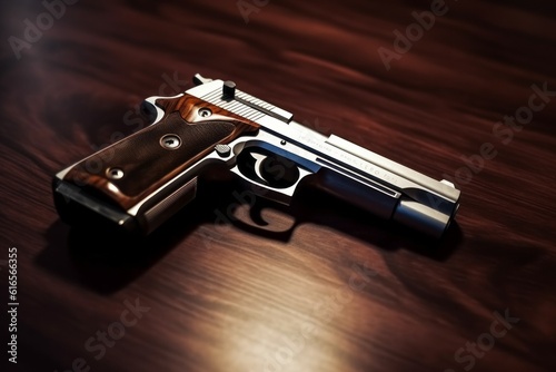 The gun is on the table. Background with selective focus. AI generated, human enhanced