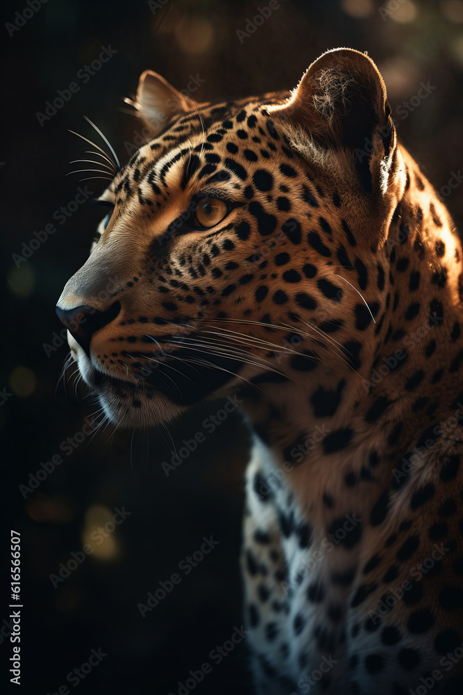 Fototapeta premium Portrait of Leopard Dramatic and Cinematic Lighting Photography, Generative AI