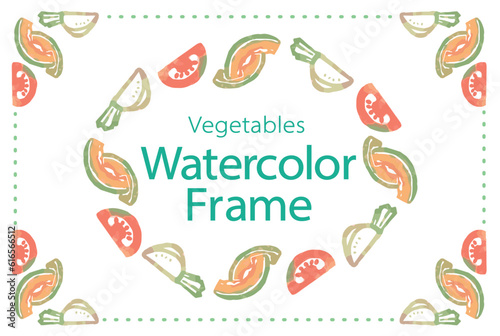おしゃれな野菜の水彩風イラスト。フレームを使ったデザイン・テンプレート。ベクター素材だからデザインに使いやすい。