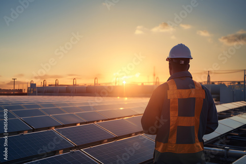 Renewable Energy Engineer Observing a Solar Park at Sunrise - Generative AI