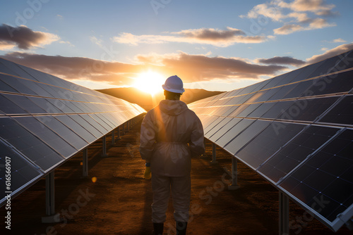 Renewable Energy Engineer Observing a Solar Park at Sunrise - Generative AI photo