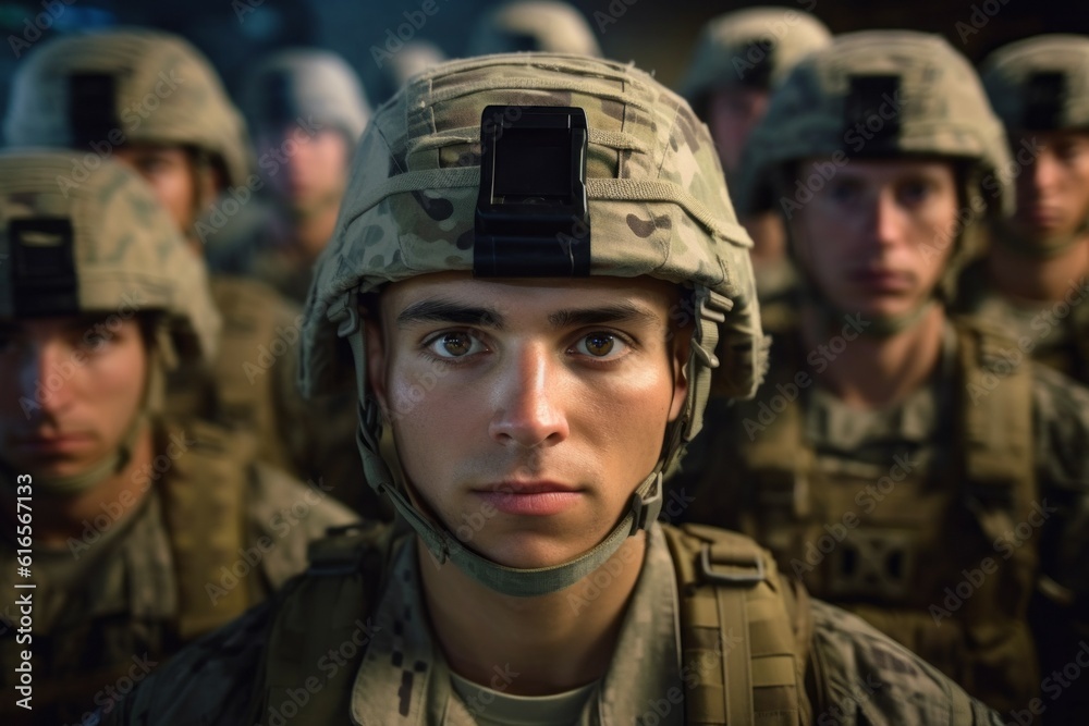 Portrait of a modern soldier in the ranks with selective focus. AI generated, human enhanced