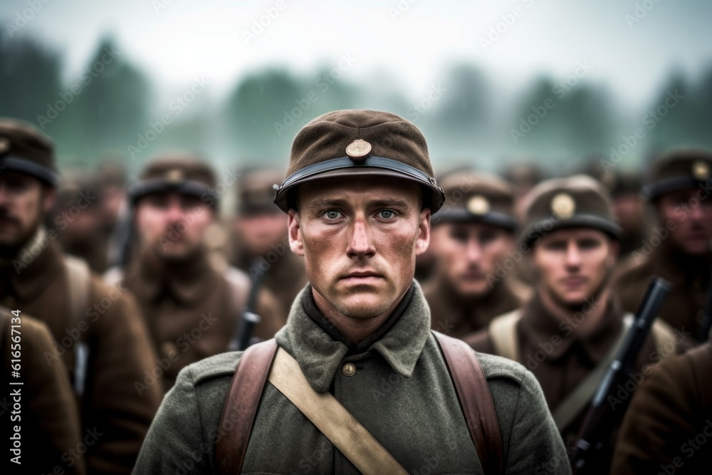 Portrait of a 20th century soldier in the ranks with selective focus. AI generated, human enhanced Portrait of a 20th century soldier in the ranks with selective focus. AI generated, human enhanced
